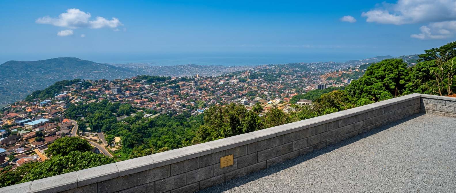 Freetown hillside overlooking the city with a modular concrete retaining wall in the foreground